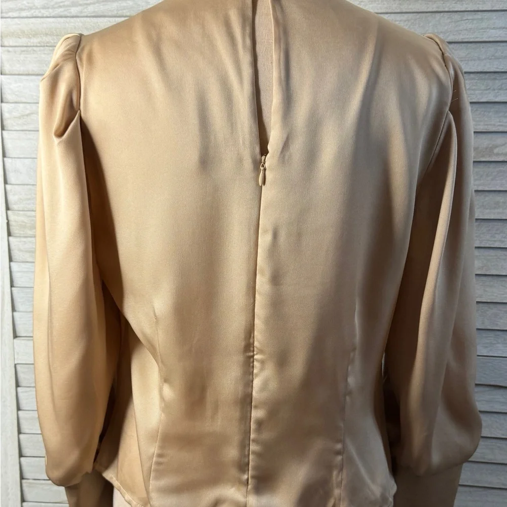 Astr Gold Satin Blouse Size Large Elegant Cowl Neck Puff Sleeve Top Luxe